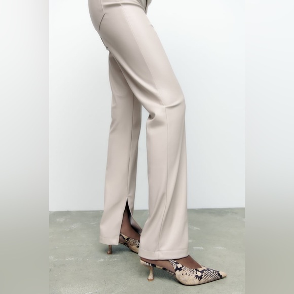 Zara Ecru Faux Leather Flared Slit Slim Fit Pants - Picture 12 of 16